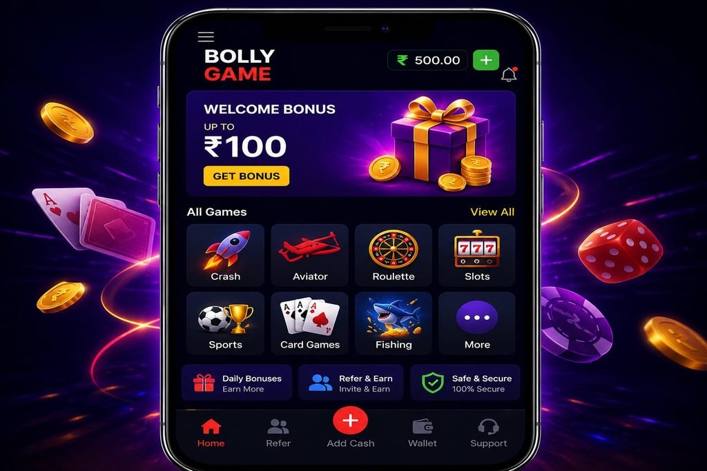 Bolly Game app interface with games and bonus features