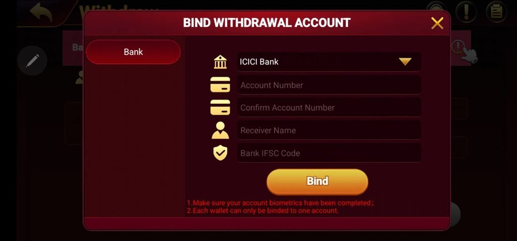Bolly Game withdrawal account binding screen with bank account and IFSC fields