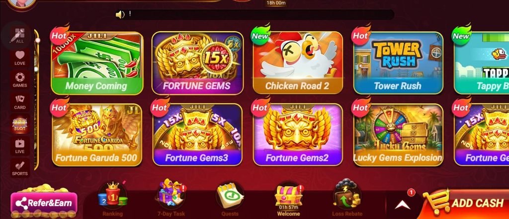 Bolly Game games screen showing Fortune Gems Chicken Road and Tower Rush