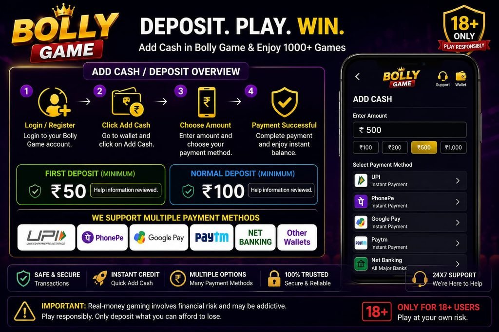 Bolly Game deposit guide with Add Cash and deposit options
