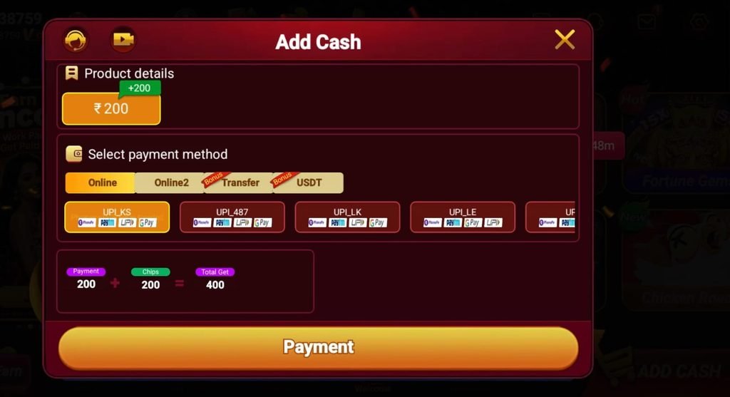 Bolly Game Add Cash screen showing deposit amount and payment methods