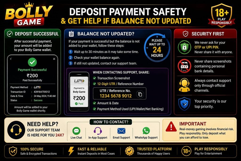 Bolly Game missing deposit UTR payment reference and security help
