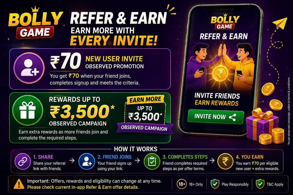 Bolly Game Refer and Earn ₹70 invite offer and up to ₹3,500 rewards