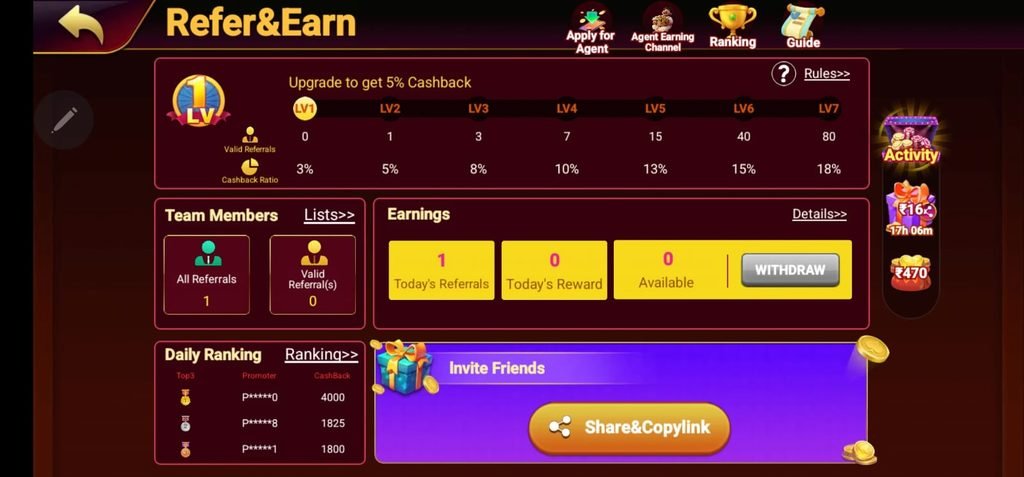 Bolly Game Refer and Earn screen with team members earnings and invite link