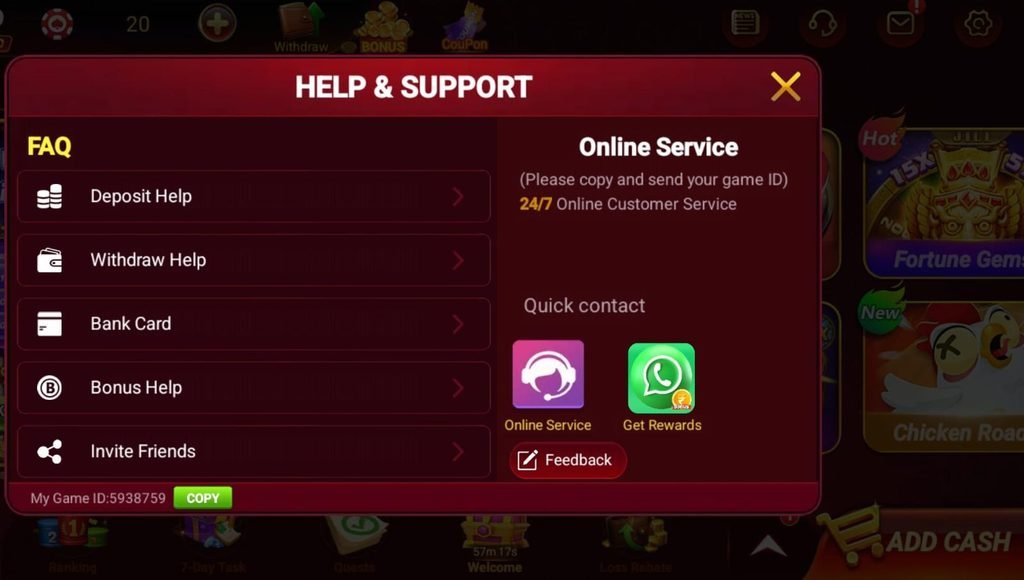 Bolly Game Help and Support screen with deposit withdrawal bonus and customer service options